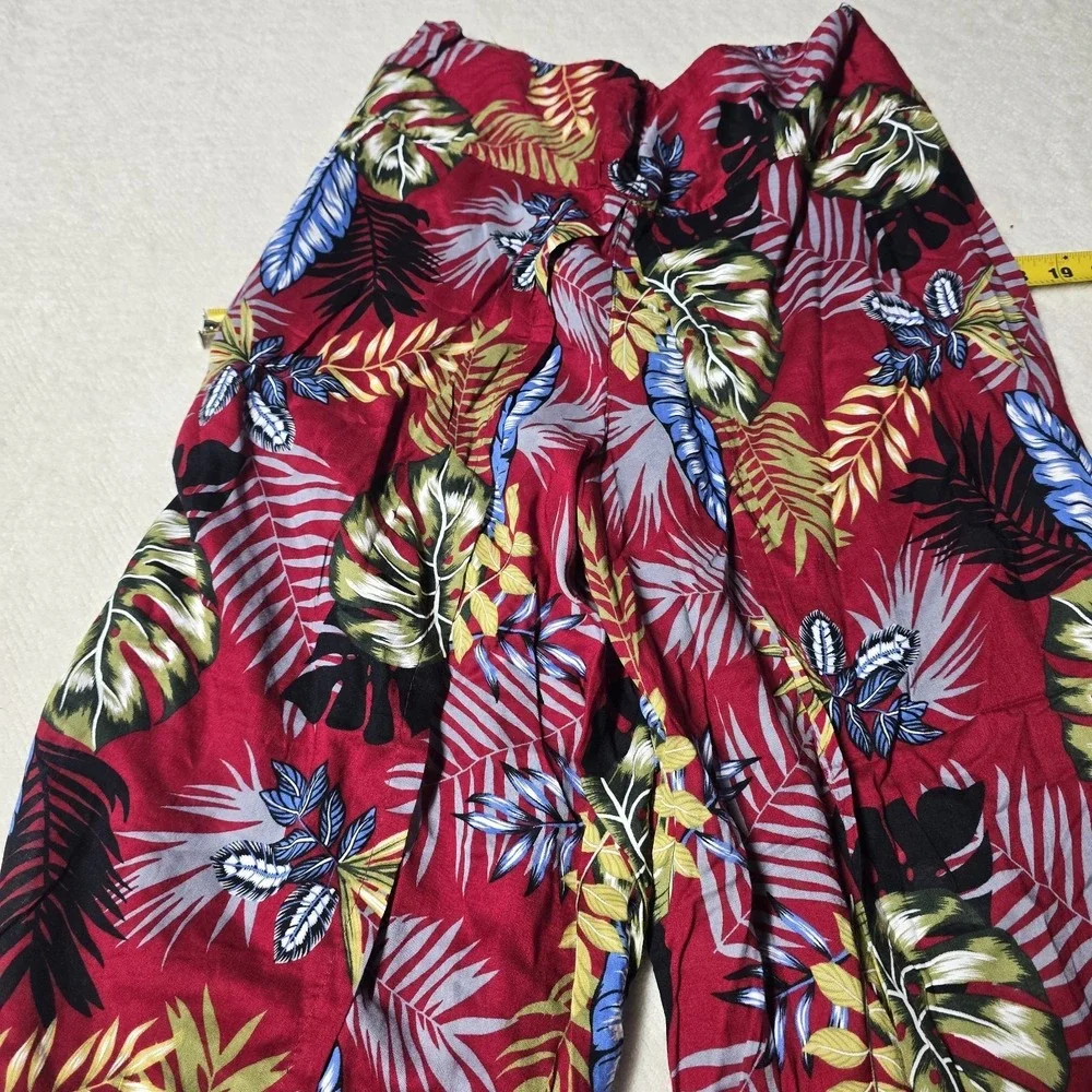 Tropiko Women's Wide Leg Split Pants‎ Red Tropical Floral Print Boho Summer S,M